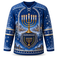 Load image into Gallery viewer, Menorah Window Night Hanukkah Hockey Jersey in Royal Blue, front view – custom name and number