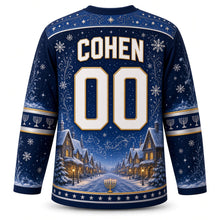 Load image into Gallery viewer, Menorah Window Night Hanukkah Hockey Jersey in Midnight Navy, back view with your name and number