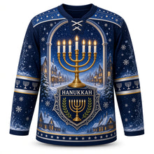 Load image into Gallery viewer, Menorah Window Night Hanukkah Hockey Jersey in Midnight Navy, front view – custom name and number