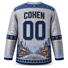 Load image into Gallery viewer, Menorah Window Night Hanukkah Hockey Jersey in Silver Frost, back view with your name and number