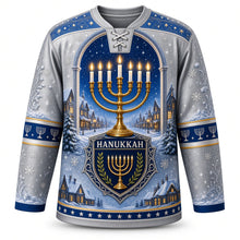 Load image into Gallery viewer, Menorah Window Night Hanukkah Hockey Jersey in Silver Frost, front view – custom name and number