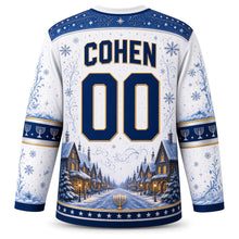 Load image into Gallery viewer, Menorah Window Night Hanukkah Hockey Jersey in Snow White, back view with your name and number