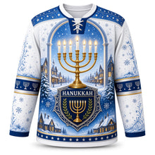 Load image into Gallery viewer, Menorah Window Night Hanukkah Hockey Jersey in Snow White, front view – custom name and number