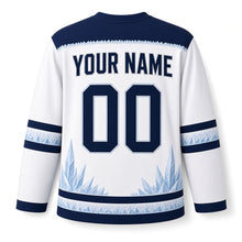 Load image into Gallery viewer, Midnight Ice Crystal Hanukkah Hockey Jersey in Frost Crystal White, back view with your name and number