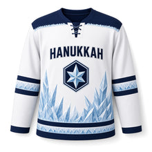 Load image into Gallery viewer, Midnight Ice Crystal Hanukkah Hockey Jersey in Frost Crystal White, front view – custom name and number