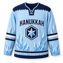 Load image into Gallery viewer, Midnight Ice Crystal Hanukkah Hockey Jersey in Glacier Crystal, front view – custom name and number