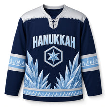 Load image into Gallery viewer, Midnight Ice Crystal Hanukkah Hockey Jersey in Midnight Crystal, front view – custom name and number