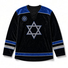 Load image into Gallery viewer, Midnight Velvet Star Hanukkah Hockey Jersey in Velvet Black, front view – custom name and number
