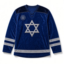 Load image into Gallery viewer, Midnight Velvet Star Hanukkah Hockey Jersey in Velvet Sapphire, front view – custom name and number