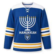 Load image into Gallery viewer, Modern Menorah Hanukkah Hockey Jersey in Modern Blue, front view – custom name and number