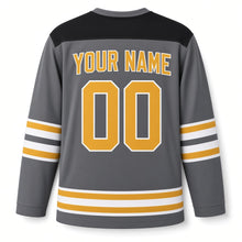Load image into Gallery viewer, Modern Menorah Hanukkah Hockey Jersey in Graphite Gold, back view with your name and number