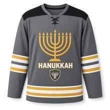 Load image into Gallery viewer, Modern Menorah Hanukkah Hockey Jersey in Graphite Gold, front view – custom name and number