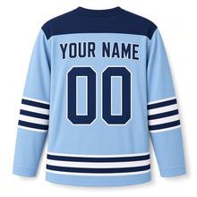 Load image into Gallery viewer, Modern Menorah Hanukkah Hockey Jersey in Soft Sky, back view with your name and number
