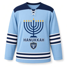 Load image into Gallery viewer, Modern Menorah Hanukkah Hockey Jersey in Soft Sky, front view – custom name and number