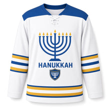 Load image into Gallery viewer, Modern Menorah Hanukkah Hockey Jersey in Gallery White, front view – custom name and number