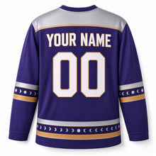 Load image into Gallery viewer, Moon Phase Eight Nights Hanukkah Hockey Jersey in Moonphase Indigo, back view with your name and number