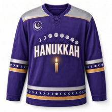 Load image into Gallery viewer, Moon Phase Eight Nights Hanukkah Hockey Jersey in Moonphase Indigo, front view – custom name and number