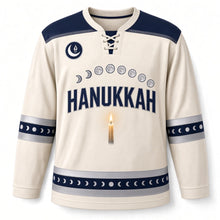 Load image into Gallery viewer, Moon Phase Eight Nights Hanukkah Hockey Jersey in Moonphase Ivory, front view – custom name and number