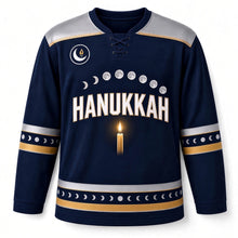 Load image into Gallery viewer, Moon Phase Eight Nights Hanukkah Hockey Jersey in Moonphase Navy, front view – custom name and number
