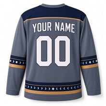 Load image into Gallery viewer, Moon Phase Eight Nights Hanukkah Hockey Jersey in Moonphase Slate, back view with your name and number