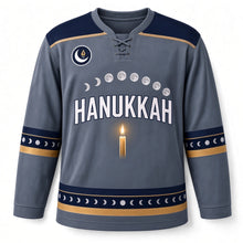 Load image into Gallery viewer, Moon Phase Eight Nights Hanukkah Hockey Jersey in Moonphase Slate, front view – custom name and number
