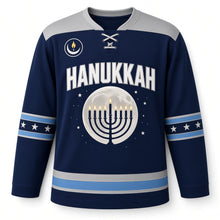 Load image into Gallery viewer, Moonlit Menorah Hanukkah Hockey Jersey in Moonlit Indigo, front view – custom name and number