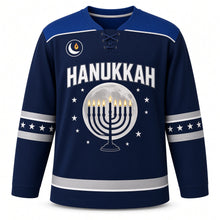 Load image into Gallery viewer, Moonlit Menorah Hanukkah Hockey Jersey in Moonlit Navy, front view – custom name and number