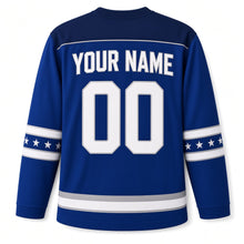 Load image into Gallery viewer, Moonlit Menorah Hanukkah Hockey Jersey in Moonlit Royal, back view with your name and number