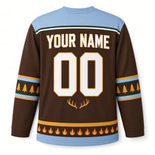 Load image into Gallery viewer, Moose Antler Candles Hanukkah Hockey Jersey in Moose Bark Brown, back view with your name and number