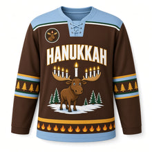 Load image into Gallery viewer, Moose Antler Candles Hanukkah Hockey Jersey in Moose Bark Brown, front view – custom name and number