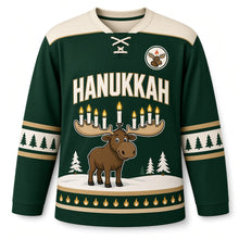 Load image into Gallery viewer, Moose Antler Candles Hanukkah Hockey Jersey in Moose Forest Green, front view – custom name and number