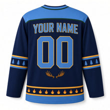Load image into Gallery viewer, Moose Antler Candles Hanukkah Hockey Jersey in Moose Navy, back view with your name and number