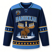 Load image into Gallery viewer, Moose Antler Candles Hanukkah Hockey Jersey in Moose Navy, front view – custom name and number