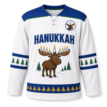Load image into Gallery viewer, Moose Antler Candles Hanukkah Hockey Jersey in Moose Snow White, front view – custom name and number