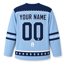 Load image into Gallery viewer, Mountain Goat Summit Star Hanukkah Hockey Jersey in Summit Glacier Blue, back view with your name and number