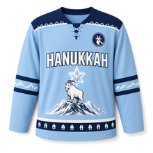 Load image into Gallery viewer, Mountain Goat Summit Star Hanukkah Hockey Jersey in Summit Glacier Blue, front view – custom name and number