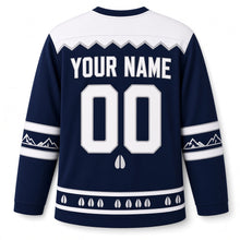 Load image into Gallery viewer, Mountain Goat Summit Star Hanukkah Hockey Jersey in Summit Navy, back view with your name and number