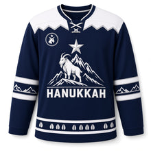 Load image into Gallery viewer, Mountain Goat Summit Star Hanukkah Hockey Jersey in Summit Navy, front view – custom name and number