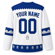 Load image into Gallery viewer, Mountain Goat Summit Star Hanukkah Hockey Jersey in Summit Snow White, back view with your name and number