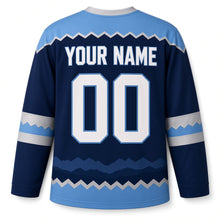 Load image into Gallery viewer, Mountain Starrise Hanukkah Hockey Jersey in Starrise Navy, back view with your name and number