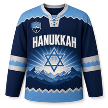 Load image into Gallery viewer, Mountain Starrise Hanukkah Hockey Jersey in Starrise Navy, front view – custom name and number