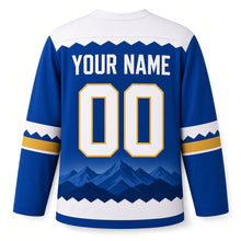 Load image into Gallery viewer, Mountain Starrise Hanukkah Hockey Jersey in Starrise Royal, back view with your name and number