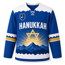 Load image into Gallery viewer, Mountain Starrise Hanukkah Hockey Jersey in Starrise Royal, front view – custom name and number