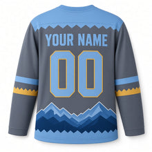 Load image into Gallery viewer, Mountain Starrise Hanukkah Hockey Jersey in Starrise Slate, back view with your name and number