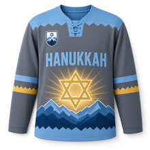 Load image into Gallery viewer, Mountain Starrise Hanukkah Hockey Jersey in Starrise Slate, front view – custom name and number