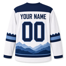 Load image into Gallery viewer, Mountain Starrise Hanukkah Hockey Jersey in Starrise Snow, back view with your name and number