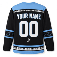 Load image into Gallery viewer, Musical Dreidel Notes Hanukkah Hockey Jersey in Melody Black, back view with your name and number