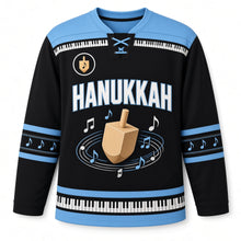 Load image into Gallery viewer, Musical Dreidel Notes Hanukkah Hockey Jersey in Melody Black, front view – custom name and number