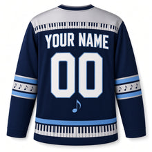 Load image into Gallery viewer, Musical Dreidel Notes Hanukkah Hockey Jersey in Melody Navy, back view with your name and number