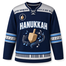Load image into Gallery viewer, Musical Dreidel Notes Hanukkah Hockey Jersey in Melody Navy, front view – custom name and number